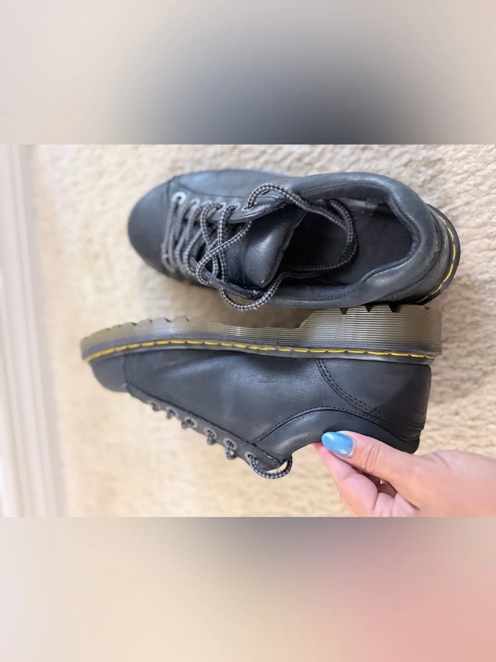 Dr. Martens Black Leather Low-Top Lace-Up Shoes with Yellow Stitching
